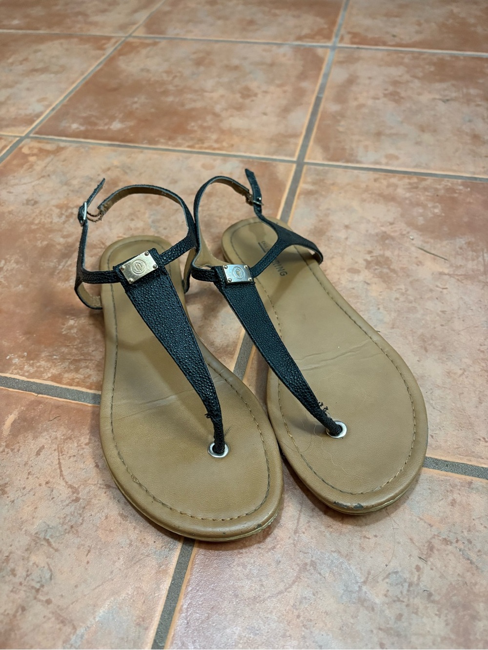 Call It Spring Black T‑Strap Sandals with Tan Footbed